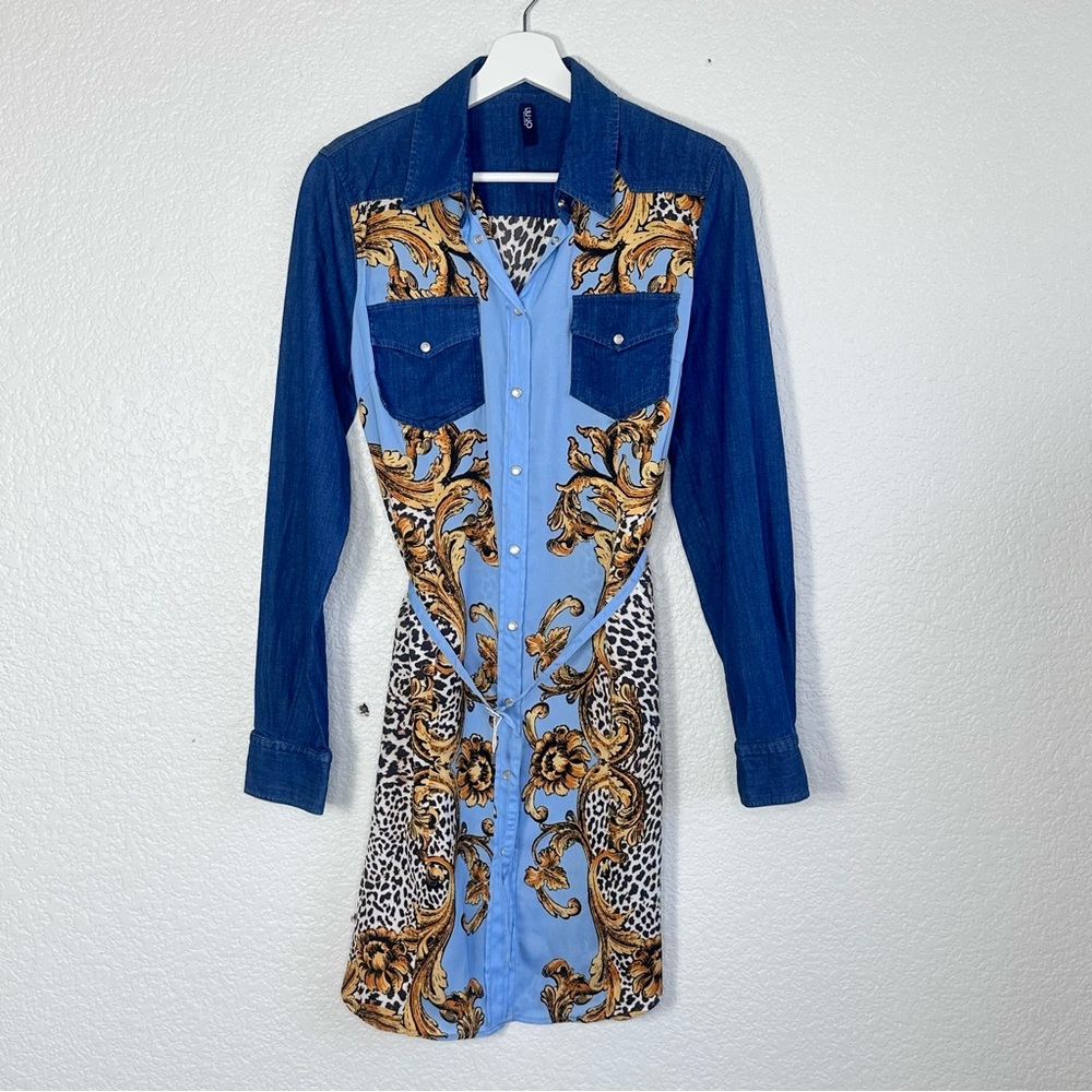 Liu Jo Floral Leopard Denim Mini Shirt Dress in Blue and Gold - Picture 3 of 12
